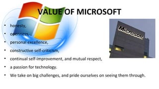 VALUE OF MICROSOFT
• honesty,
• openness,
• personal excellence,
• constructive self-criticism,
• continual self-improvement, and mutual respect,
• a passion for technology.
• We take on big challenges, and pride ourselves on seeing them through.
 