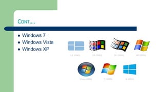 CONT….
 Windows 7
 Windows Vista
 Windows XP
 