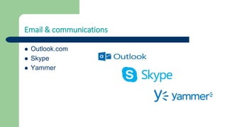 Email & communications
 Outlook.com
 Skype
 Yammer
 