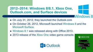 2012–2014: Windows 8/8.1, Xbox One,
Outlook.com, and Surface devices
 On July 31, 2012, they launched the Outlook.com
 On October 26, 2012, Microsoft launched Windows 8 and the
Microsoft Surface.
 Windows 8.1 was released along with Office 2013.
 2013 release of the Xbox One video game console.
 