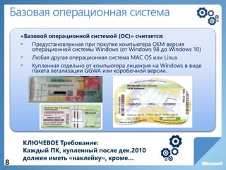 Базовая операционная система
«Базовой операционной системой (ОС)» считается:
• Предустановленная при покупке компьютера OEM версия
операционной системы Windows (от Windows 98 до Windows 10)
• Любая другая операционная система MAC OS или Linux
• Купленная отдельно от компьютера лицензия на Windows в виде
пакета легализации GGWA или коробочной версии.
8
КЛЮЧЕВОЕ Требование:
Каждый ПК, купленный после дек.2010
должен иметь «наклейку», кроме…
 