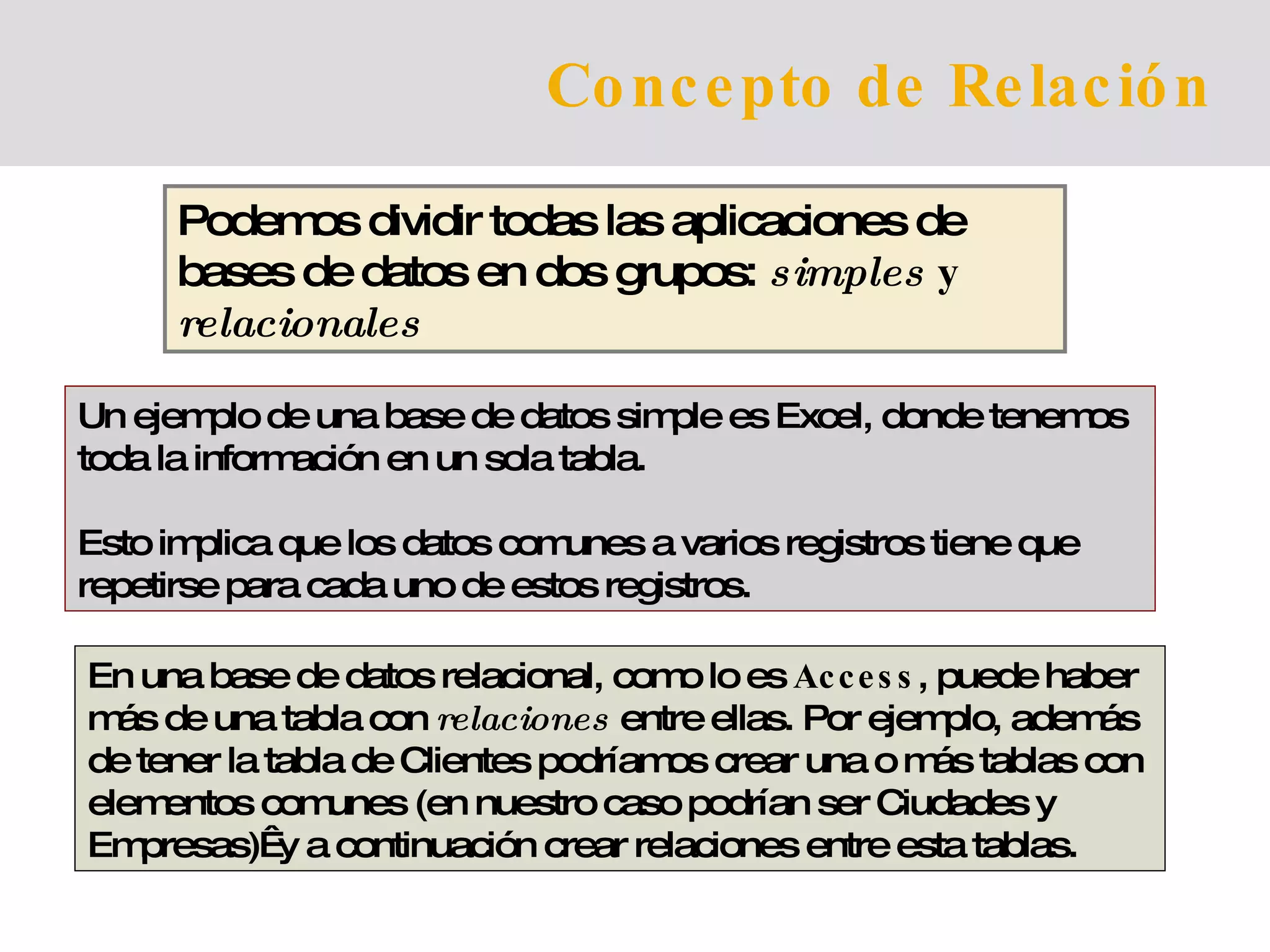 Un ejemplo de una base de datos simple es Excel, donde tenemos toda la información en un sola tabla. Esto implica que los datos comunes a varios registros tiene que repetirse para cada uno de estos registros. En una base de datos relacional, como lo es  Access , puede haber más de una tabla con  relaciones  entre ellas. Por ejemplo, además de tener la tabla de Clientes podríamos crear una o más tablas con elementos comunes (en nuestro caso podrían ser Ciudades y Empresas)  y a continuación crear relaciones entre esta tablas. Concepto de Relación Podemos dividir todas las aplicaciones de bases de datos en dos grupos:  simples  y  relacionales 