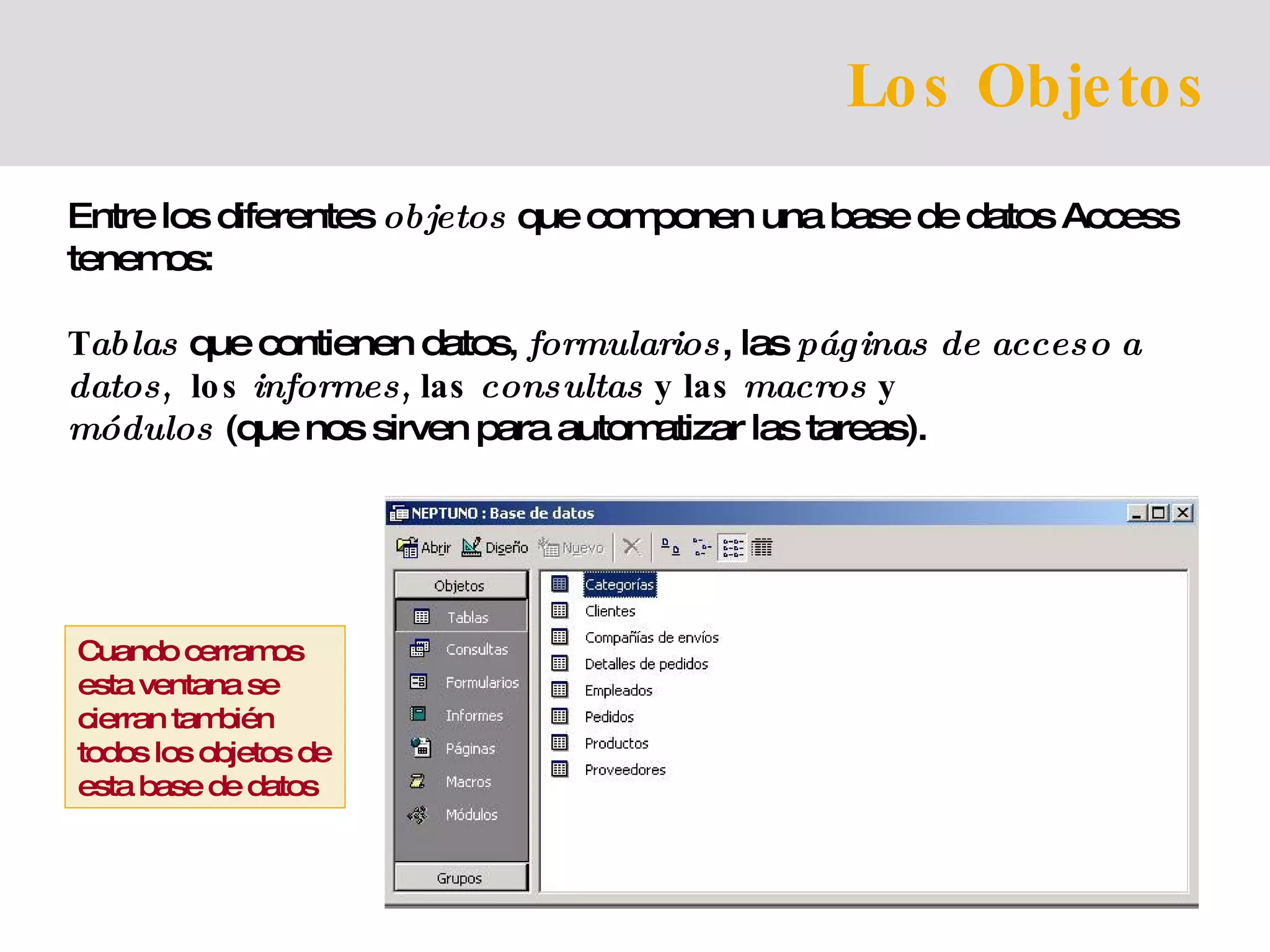 Entre los diferentes  objetos  que componen una base de datos Access tenemos: T ablas  que contienen datos,  formularios , las  páginas de acceso a datos ,  los  informes , las  consultas  y las  macros  y  módulos   (que nos sirven para automatizar las tareas). Los Objetos Cuando cerramos esta ventana se cierran también todos los objetos de esta base de datos  