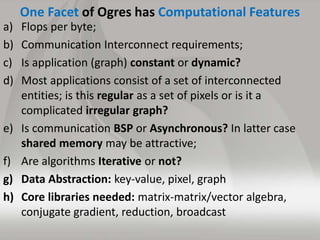 One Facet of Ogres has Computational Features
a) Flops per byte;
b) Communication Interconnect requirements;
c) Is applica...