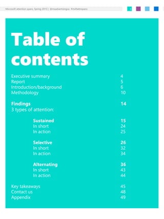 Microsoft attention spans, Spring 2015 | @msadvertisingca #msftattnspans
Table of
contents
3
Executive summary 4
Report 5
...