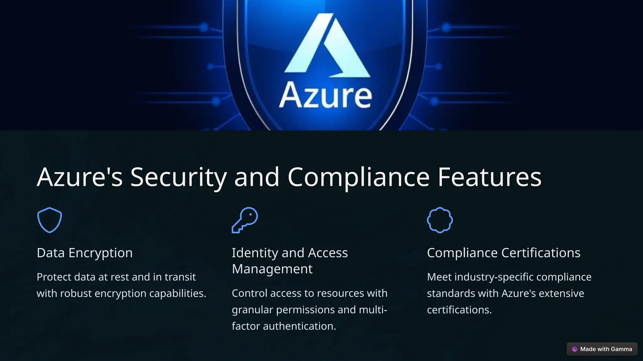 Azure's Security and Compliance Features
Data Encryption
Protect data at rest and in transit
with robust encryption capabilities.
Identity and Access
Management
Control access to resources with
granular permissions and multi-
factor authentication.
Compliance Certifications
Meet industry-specific compliance
standards with Azure's extensive
certifications.
 