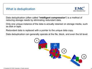 What is deduplication

    Data deduplication (often called "intelligent compression") is a method of
    reducing storage needs by eliminating redundant data.
    Only one unique instance of the data is actually retained on storage media, such
    as disk or tape.
    Redundant data is replaced with a pointer to the unique data copy.
    Data deduplication can generally operate at the file, block, and even the bit level.




© Copyright 2010 EMC Corporation. All rights reserved.                                     14
 