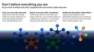 Note: Sophisticated attackers sometimes
use commodity toolkits to hide their origin
Don’t believe everything you see
Facts are naturally obscured
Demand for facts far exceeds
ability to provide (expensive to
positively identify attackers,
most useful defenses, etc.)
Attack economy adds complexity
Profit driven actors re-use tools, sell
ready made kits, and monetize attacks in
multiple ways (extortion / ransomware,
selling passwords/access, data, etc.)
Deliberate Deception Hides More
Sophisticated attackers often
deliberately pretend to be something
else (use commercial tools, hide data
theft in DDoS attacks, etc.)
 