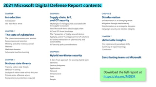 2021 Microsoft Digital Defense Report contents
CHAPTER 1
Introduction
Introduction
Our 2021 focus areas
CHAPTER 2
The state of cybercrime
The cybercrime economy and services
Ransomware and extortion
Phishing and other malicious email
Malware
Malicious domains
Adversarial machine learning
CHAPTER 3
Nations state threats
Tracking nation state threats
What we’re seeing
Analysis of nation state activity this year
Private sector offensive actors
Comprehensive protections required
CHAPTER 4
Supply chain, IoT,
and OT security
Challenges in managing risk associated with
the supplier ecosystem
How Microsoft thinks about supply chain
IoT and OT threat landscape
The 7 properties of highly secured devices
Applying a Zero Trust approach to IoT solutions
IoT at the intersection of cybersecurity and
sustainability
IoT security policy considerations
CHAPTER 5
Hybrid workforce security
A Zero Trust approach for securing hybrid work
Identities
Devices/Endpoints
Applications
Network
Infrastructure
Data
People
CHAPTER 6
Disinformation
Disinformation as an emerging threat
Mitigation through media literacy
Disinformation as an enterprise disruptor
Campaign security and election integrity
CHAPTER 7
Actionable insights
Five cybersecurity paradigm shifts
Summary of report learnings
Conclusion
Contributing teams at Microsoft
Download the full report at
https://aka.ms/MDDR
 
