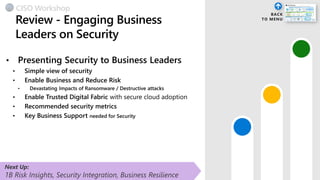 •
needed for Security
Next Up:
1B Risk Insights, Security Integration, Business Resilience
CISO Workshop
 