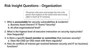 1. Who is accountable for security vulnerabilities & incidents?
a. Business Asset Owners? IT Teams? Security?
b. At what organizational level?
2. What is the highest level of executive interaction on security topics/risks?
How frequently?
3. Is there a specific board member or committee that oversees security?
a. Does the CISO (or CIO) meet with them regularly?
4. How do conflicts of interest get resolved between security and IT (or business)
functions?
The person who owns and accepts the risk is the
person that explains to the world what went wrong
(often in front of TV cameras).
 