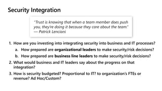 1. How are you investing into integrating security into business and IT processes?
a. How prepared are organizational leaders to make security/risk decisions?
b. How prepared are business line leaders to make security/risk decisions?
2. What would business and IT leaders say about the progress on that
integration?
3. How is security budgeted? Proportional to IT? to organization’s FTEs or
revenue? Ad Hoc/Custom?
“Trust is knowing that when a team member does push
you, they're doing it because they care about the team.”
― Patrick Lencioni
 