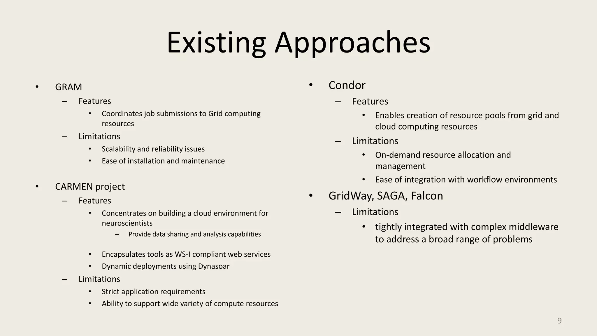Existing ApproachesCondorFeaturesEnables creation of resource pools from grid and cloud computing resourcesLimitationsOn-demand resource allocation and managementEase of integration with workflow environmentsGridWay, SAGA, FalconLimitationstightly integrated with complex middleware to address a broad range of problemsGRAMFeaturesCoordinates job submissions to Grid computing resourcesLimitationsScalability and reliability issuesEase of installation and maintenanceCARMEN projectFeaturesConcentrates on building a cloud environment for neuroscientistsProvide data sharing and analysis capabilities	Encapsulates tools as WS-I compliant web services Dynamic deployments using DynasoarLimitationsStrict application requirementsAbility to support wide variety of compute resources9