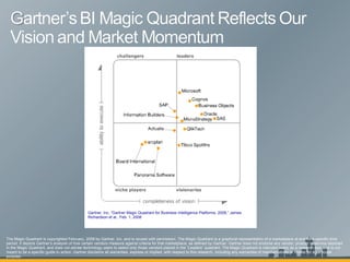 The Magic Quadrant is copyrighted February, 2008 by Gartner, Inc. and is reused with permission. The Magic Quadrant is a graphical representation of a marketplace at and for a specific time period. It depicts Gartner’s analysis of how certain vendors measure against criteria for that marketplace, as defined by Gartner. Gartner does not endorse any vendor, product or service depicted in the Magic Quadrant, and does not advise technology users to select only those vendors placed in the “Leaders” quadrant. The Magic Quadrant is intended solely as a research tool, and is not meant to be a specific guide to action. Gartner disclaims all warranties, express or implied, with respect to this research, including any warranties of merchantability or fitness for a particular purpose.  Gartner, Inc. “Gartner Magic Quadrant for Business Intelligence Platforms, 2008,” James Richardson et al., Feb. 1, 2008 