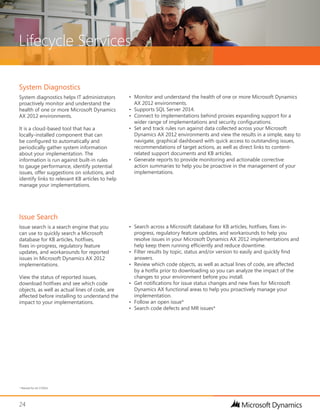 Lifecycle Services
24
System Diagnostics
System diagnostics helps IT administrators
proactively monitor and understand the
health of one or more Microsoft Dynamics
AX 2012 environments.
It is a cloud-based tool that has a
locally-installed component that can
be configured to automatically and
periodically gather system information
about your implementation. The
information is run against built-in rules
to gauge performance, identify potential
issues, offer suggestions on solutions, and
identify links to relevant KB articles to help
manage your implementations.
•	 Monitor and understand the health of one or more Microsoft Dynamics
AX 2012 environments.
•	 Supports SQL Server 2014.
•	 Connect to implementations behind proxies expanding support for a
wider range of implementations and security configurations.
•	 Set and track rules run against data collected across your Microsoft
Dynamics AX 2012 environments and view the results in a simple, easy to
navigate, graphical dashboard with quick access to outstanding issues,
recommendations of target actions, as well as direct links to content-
related support documents and KB articles.
•	 Generate reports to provide monitoring and actionable corrective
action summaries to help you be proactive in the management of your
implementations.
Issue Search
Issue search is a search engine that you
can use to quickly search a Microsoft
database for KB articles, hotfixes,
fixes in-progress, regulatory feature
updates, and workarounds for reported
issues in Microsoft Dynamics AX 2012
implementations.
View the status of reported issues,
download hotfixes and see which code
objects, as well as actual lines of code, are
affected before installing to understand the
impact to your implementations.
•	 Search across a Microsoft database for KB articles, hotfixes, fixes in-
progress, regulatory feature updates, and workarounds to help you
resolve issues in your Microsoft Dynamics AX 2012 implementations and
help keep them running efficiently and reduce downtime.
•	 Filter results by topic, status and/or version to easily and quickly find
answers.
•	 Review which code objects, as well as actual lines of code, are affected
by a hotfix prior to downloading so you can analyze the impact of the
changes to your environment before you install.
•	 Get notifications for issue status changes and new fixes for Microsoft
Dynamics AX functional areas to help you proactively manage your
implementation.
•	 Follow an open issue*
•	 Search code defects and MR issues*
* Planned for H2 CY2014
 