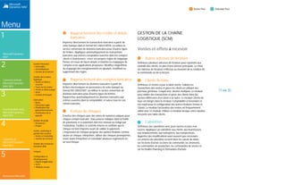SOLUTIONS DE FABRICATION
¥
¥
¥
¥
¥
Ordres de fabrication
Nomenclature de production
Gestion de version
Fabrication agile
Planification des approvisionnements
de base
¥
¥
¥
¥
Prévision de la demande
Planification de la capacité de base
Postes de charge
Capacité finie
Menu
1
Microsoft Dynamics
NAV
2
Comment acheter
Microsoft Dynamics
NAV 2015
3
Fonctionnalités dans
Microsoft Dynamics
NAV 2015
4
Capacités de
Microsoft Dynamics
NAV 2015
5
Ressources Microsoft
Fonctionnalités
Starter Pack
 Gestion financière
 Gestion de la relation
client
 Gestion de projet
 Configuration et
développement
 Gestion de la chaîne
logistique
 Gestion des ressources
humaines
 Langues
 Autre
Fonctionnalités
Extended Pack
 Gestion financière
étendue
 Gestion étendue de la
relation client
 Configuration et
développement
étendus
 Gestion de la chaîne
logistique
 Solutions de fabrication
 Solutions de fabrication
Microsoft Dynamics NAV 2015
Fonctionnalités Starter Pack
Microsoft Dynamics NAV 2015
Fonctionnalités Extended Pack
(Inclut toutes les fonctionnalités du Starter Pack)
12 sur 35
 