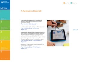 Menu
1
Microsoft Dynamics
NAV
2
Comment acheter
Microsoft Dynamics
NAV 2015
3
Fonctionnalités dans
Microsoft Dynamics
NAV 2015
4
Capacités de
Microsoft Dynamics
NAV 2015
5
Ressources Microsoft
Gestion financière
 Généralités
 Immobilisations
 Gestion de trésorerie
Gestion de la chaîne
logistique
 Ventes et effets à
recevoir
 Taxes sur les ventes
 Achats et effets à payer
 Stock
 Gestion d'entrepôt
Fabrication
 Bases
 Fabrication agile
 Planification des
approvisionnements
 Planification de la
capacité
Gestion de projet
 Ressources
 Projets
Ventes, marketing et
gestion des services
 Ventes et marketing
 Gestion des services
Gestion des ressources
humaines (RH)
Langues
Configuration et
développement
 Objets d'application
 Autre
 Modules locaux
Générateur de page
Modifiez les pages existantes (les fenêtres à l'écran pour la saisie
des données et des requêtes) et créez jusqu'à 100 objets page
(numérotés de 50 000 à 50 099). Le module Générateur de page
vous permet aussi d'utiliser le Designer du volet Navigation. Le
Designer vous permet de créer de nouveaux éléments dans les
menus. Le module Générateur de page ne donne pas accès au
langage C/AL.
Concepteur de rapport
Ce module vous permet de modifier des rapports existants et
de créer jusqu'à 100 objets rapport (numérotés de 50 000 à 50
099). Ce module donne accès au langage C/AL (le langage
applicatif C/SIDE) utilisé dans les rapports pour définir des
règles métier et des calculs spécifiques. Vous pouvez créer des
rapports en partant de rien ou dupliquer un rapport existant et
l'adapter. Chaque rapport Microsoft Dynamics NAV a été créé
avec cet outil et par conséquent, peut être facilement
personnalisé. Vous aurez besoin de Microsoft Visual Studio
Report Designer 2010 pour concevoir la mise en page d'un
rapport dans un environnement de développement. Microsoft
Visual Report Designer est livré avec Microsoft Visual Studio
2010 SP1 Professional, Premium ou Ultimate.
Ce module vous permet d'exploiter la fonctionnalité incluse
dans le Designer du volet Navigation (par exemple, créer de
nouveaux éléments de menus).
Développement de solutions (à la
carte)
Changez les règles métier et les calculs des applications. Les
règles métier et les calculs spéciaux sont définis en C/AL
(langage applicatif C/SIDE). Ce module donne accès au code
qui met à jour les tables protégées en écriture avec les outils
Fusion et Mise à jour. Vous pouvez aussi :
 Modifier ou créer n'importe quel type d'objet.
 Utiliser les options Traduire/Exporter et Traduire/Importer
dans le Générateur d'objets.
(Ces options ne sont pas disponibles avec le module Générateur
d'applications.)
Concepteur de tables
Modifiez les définitions des tables existantes et créez jusqu'à 10
nouvelles tables (numérotées de 50 000 à 50 009). Vous pouvez
modifier des propriétés des champs comme le nom du champ,
le nombre de décimales, la valeur maximale ; ajouter de
nouveaux champs à des tables existantes ; créer de nouvelles
tables pour stocker des données spécifiques à votre activité.
Créez des clés de tri et modifiez ou créez de nouveaux champs
FlowFields et FlowFilters pour extraire et réordonner des
données. Ce module ne donne pas accès au langage C/AL.
XMLports (100)
Créez ou modifiez des objets XMLport. Le module Concepteur
XMLport donne accès au langage C/AL (le langage applicatif
C/SIDE) utilisé dans les XMLports pour définir des règles métier
et des calculs spécifiques. Chaque objet XMLport dans Microsoft
Dynamics NAV a été créé avec cet outil et par conséquent, peut
être facilement personnalisé. Ce module vous permet de créer
jusqu'à 100 nouveaux objets XMLports (numérotés de 50 000 à
50 099) et d'exploiter la fonctionnalité incluse dans le Designer
du volet Navigation (par exemple, créer de nouveaux éléments
de menus).
Concepteur de requêtes
Le Concepteur de requêtes permet de modifier les requêtes
existantes et d'en créer jusqu'à 100 nouvelles. C'est l'outil
principal pour créer des objets de type Requête. Les objets
Requêtes extraient des sous-ensembles de la base de données
et alimentent toutes les parties de l'application comme les
graphiques et la logique métier.
Objets d'application
Unités de code (100)
10 unités de code sont incluses dans le Starter Pack et 10 unités
supplémentaires sont incluses dans l'Extended Pack. Des
groupes de 100 unités supplémentaires sont disponibles dans la
suite Personnalisation.
28 sur 35
 