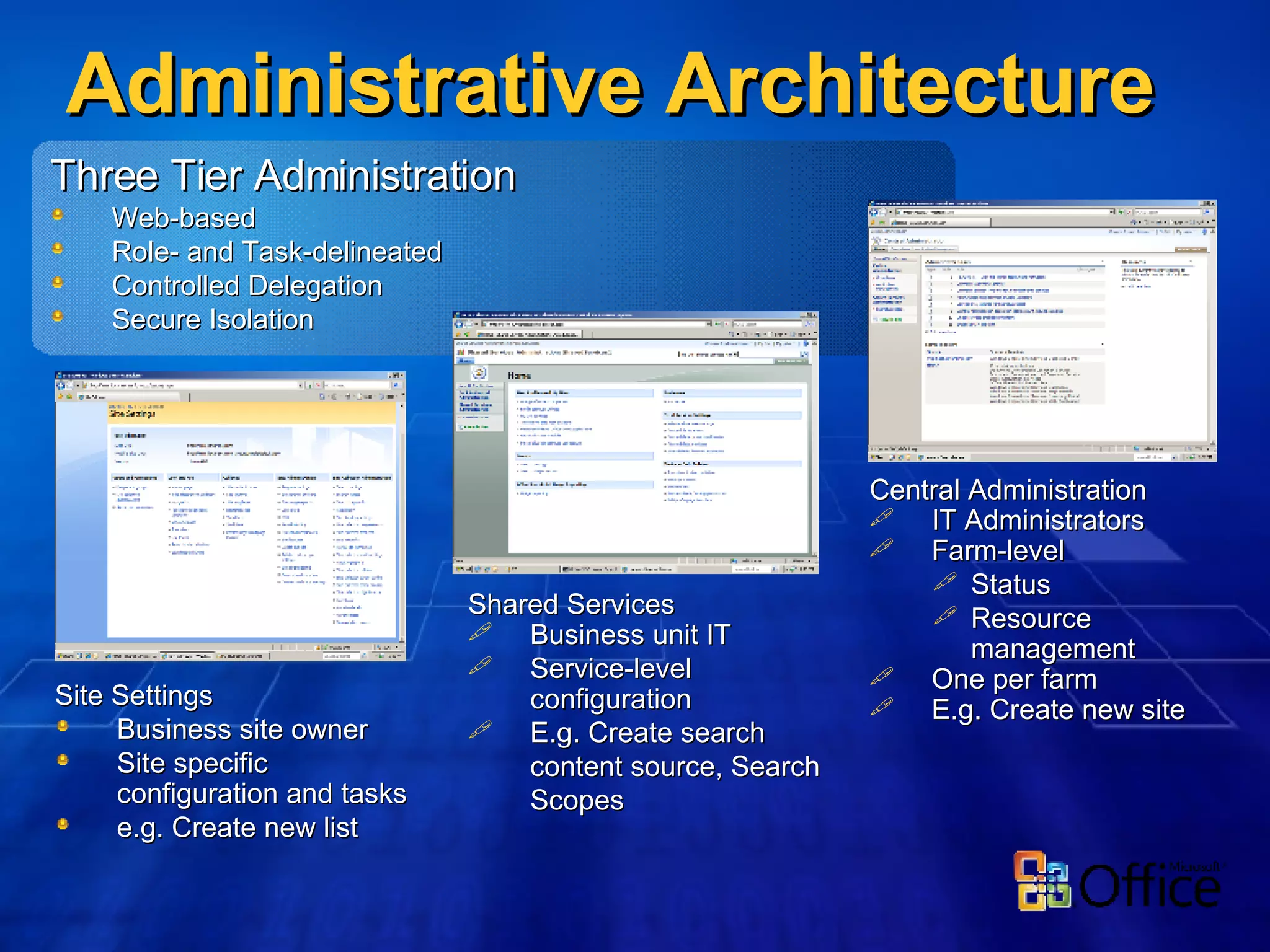 Administrative Architecture Shared Services Business unit IT Service-level  configuration E.g. Create search content source, Search Scopes Central Administration IT Administrators Farm-level  Status Resource management One per farm E.g. Create new site Site Settings Business site owner Site specific  configuration and tasks e.g. Create new list Three Tier Administration Web-based Role- and Task-delineated Controlled Delegation Secure Isolation 
