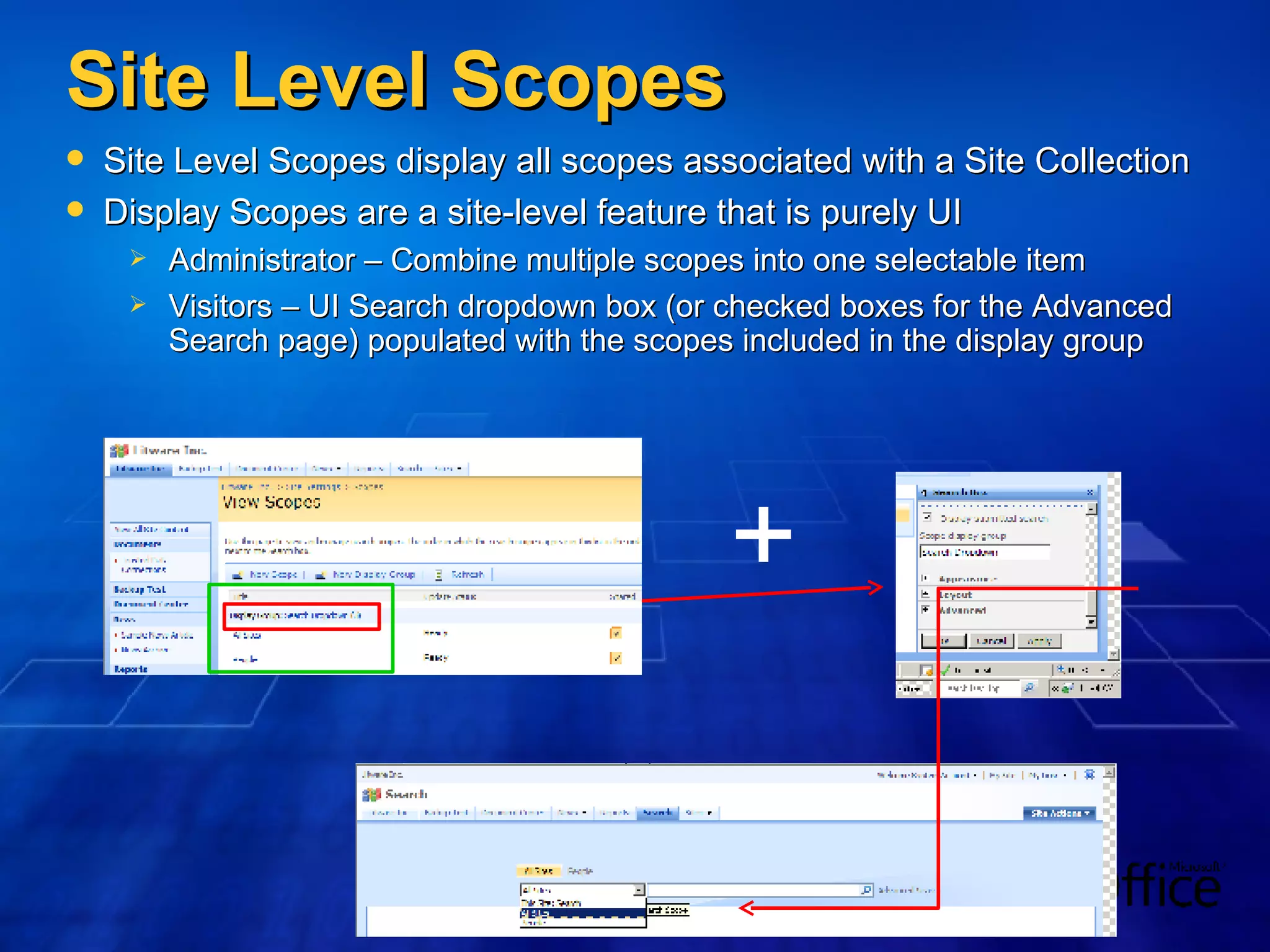 Site Level Scopes Site Level Scopes display all scopes associated with a Site Collection Display Scopes are a site-level feature that is purely UI Administrator – Combine multiple scopes into one selectable item Visitors – UI Search dropdown box (or checked boxes for the Advanced Search page) populated with the scopes included in the display group + 