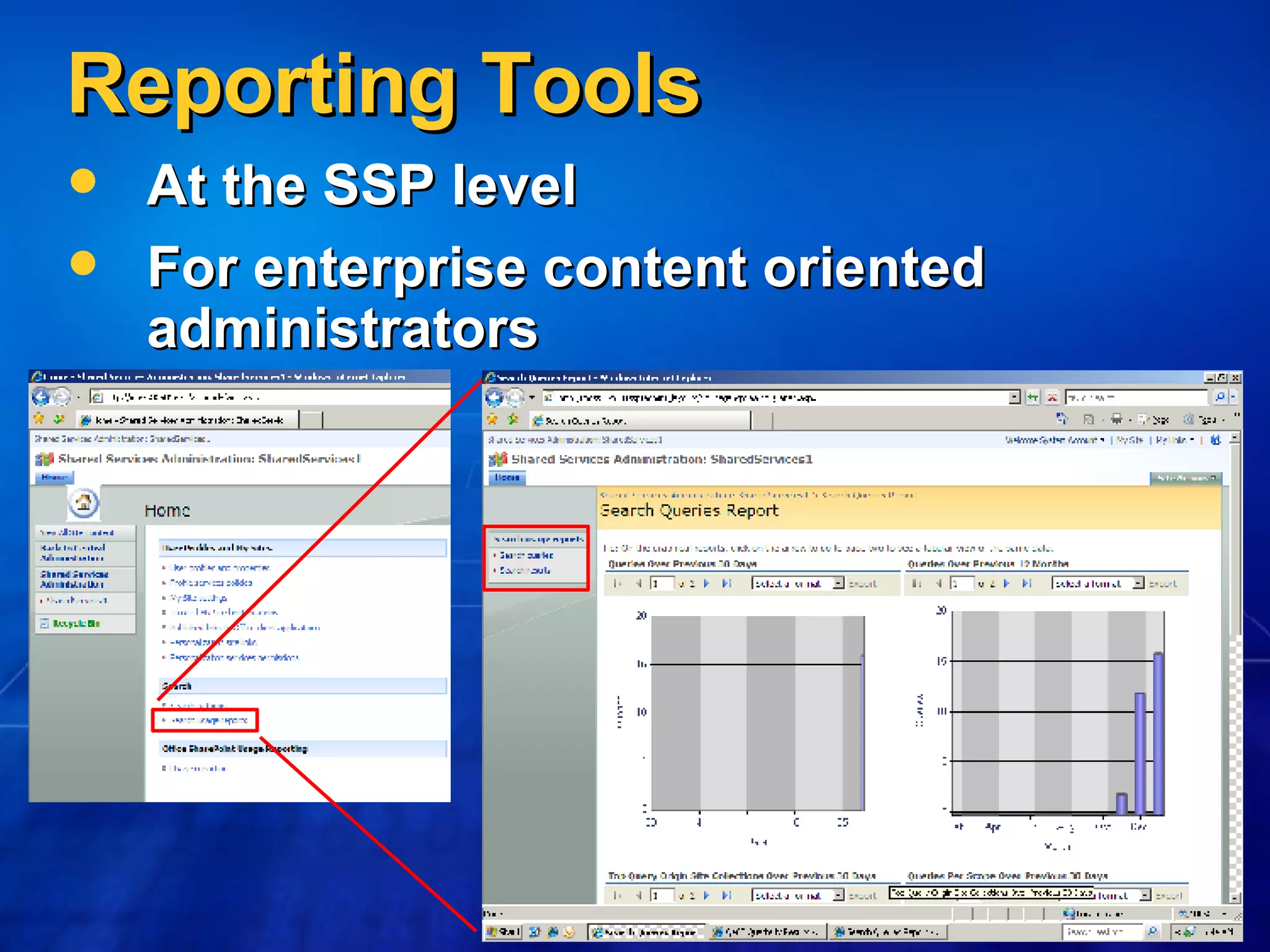 Reporting Tools At the SSP level For enterprise content oriented administrators 