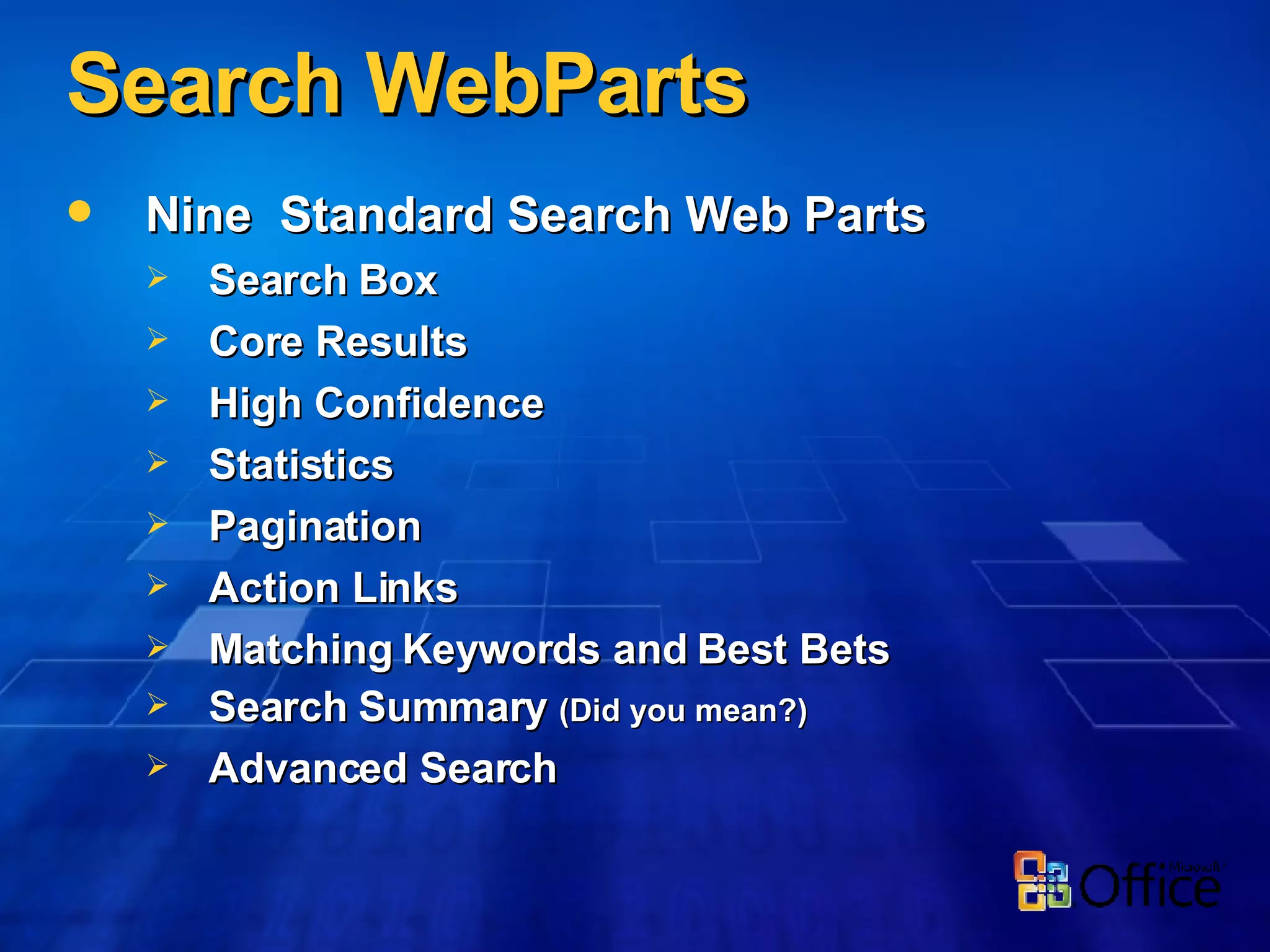 Search WebParts Nine  Standard Search Web Parts  Search Box Core Results High Confidence Statistics Pagination Action Links Matching Keywords and Best Bets Search Summary  (Did you mean?) Advanced Search 