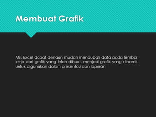 Membuat Grafik
MS. Excel dapat dengan mudah mengubah data pada lembar
kerja dari grafik yang telah dibuat, menjadi grafik yang dinamis
untuk digunakan dalam presentasi dan laporan
 