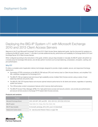 Deployment Guide

Deploying the BIG-IP System v11 with Microsoft Exchange
2010 and 2013 Client Access Servers
Welcome to the F5 and Microsoft® Exchange® 2010 and 2013 Client Access Server deployment guide. Use this document for guidance on
configuring the BIG-IP system version 11 and later to provide additional security, performance and availability for Exchange Server 2010 and
Exchange Server 2013 Client Access Servers.
When configured according to the instructions in this guide, whether using an iApp template or manually, the BIG-IP system will perform as
a reverse proxy for Exchange CAS servers, and will also perform functions such as load balancing, compression, encryption, caching, and
pre-authentication.

Why F5?
F5 offers a complete suite of application delivery technologies designed to provide a highly scalable, secure, and responsive Exchange
deployment.
•	 
Terminating HTTPS connections at the BIG-IP LTM reduces CPU and memory load on Client Access Servers, and simplifies TLS/
SSL certificate management for Exchange 2010.
•	  he BIG-IP LTM can balance load and ensure high-availability across multiple Client Access servers using a variety of loadT
balancing methods and priority rules.
•	  he BIG-IP LTM TCP Express feature set ensures optimal network performance for all clients and servers, regardless of operating
T
system and version.
•	  he LTM provides content compression features which improve client performance.
T
•	  he BIG-IP Access Policy Manager (APM), F5's high-performance access and security solution, can provide pre-authentication
T
and secure remote access to Exchange HTTP-based Client Access services.

Products and versions
Product

Version

Microsoft Exchange Server

2010, 2010 SP1, SP2, and SP3; 2013, 2013 CU1, 2013 CU2, 2013 CU3

BIG-IP system

11.0, 11.0.1, 11.1, 11.2.x, 11.3, 11.4, 11.4.1, 11.5

BIG-IP iApp template

f5.microsoft_exchange_2010_2013_cas.v1.2.0 (download)

Deployment Guide version

2.0 (see Document Revision History on page 109)

 
