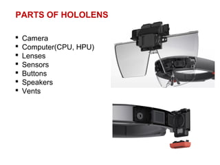 PARTS OF HOLOLENS
 Camera
 Computer(CPU, HPU)
 Lenses
 Sensors
 Buttons
 Speakers
 Vents
 