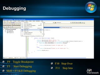 DebuggingF9    Toggle Breakpoint    F5     Start Debugging   Shift + F5 Kill DebuggingF10   Step Over    F11    Step Into
