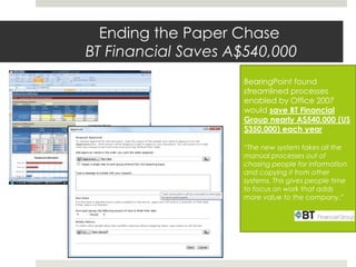 Ending the Paper Chase
BT Financial Saves A$540,000
BearingPoint found
streamlined processes
enabled by Office 2007
would save BT Financial
Group nearly A$540,000 (US
$350,000) each year
“The new system takes all the
manual processes out of
chasing people for information
and copying it from other
systems. This gives people time
to focus on work that adds
more value to the company.”
 