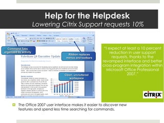 The Office 2007 user interface makes it easier to discover new
features and spend less time searching for commands.
Help for the Helpdesk
Lowering Citrix Support requests 10%
“I expect at least a 10 percent
reduction in user support
requests, thanks to the
revamped interface and better
cross-program integration within
Microsoft Office Professional
2007.”
Ribbon replaces
menus and toolbars
Clean, uncluttered
workspace
Command Tabs
organized by activity
 