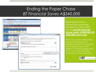 Ending the Paper Chase
BT Financial Saves A$540,000
BearingPoint found
streamlined processes
enabled by Office 2007
would ...