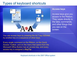 Types of keyboard shortcuts Access keys You use access keys by pressing the ALT key followed by another key or a sequence of other keys. Every single command on the Ribbon, on the Quick Access Toolbar, and on the menu that opens from the Microsoft Office Button has an access key, and every access key is assigned a  KeyTip .  Access keys give you access to the Ribbon. They relate directly to the tabs, commands, and other things that you see on the screen.  