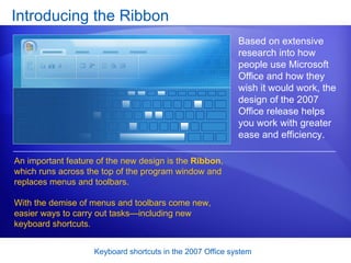 Introducing the Ribbon Based on extensive research into how people use Microsoft Office and how they wish it would work, the design of the 2007 Office release helps you work with greater ease and efficiency. An important feature of the new design is the  Ribbon , which runs across the top of the program window and replaces menus and toolbars.  With the demise of menus and toolbars come new, easier ways to carry out tasks—including new keyboard shortcuts.  