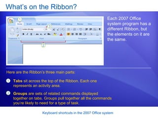 What’s on the Ribbon? Each 2007 Office system program has a different Ribbon, but the elements on it are the same.  Tabs  sit across the top of the Ribbon. Each one represents an activity area. Groups  are sets of related commands displayed together on tabs. Groups pull together all the commands you’re likely to need for a type of task. Here are the Ribbon’s three main parts:  