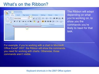 What’s on the Ribbon? The Ribbon will adapt depending on what you’re working on, to show you the commands you’re likely to need for that task.  For example, if you’re working with a chart in Microsoft Office Excel ®  2007, the Ribbon will show the commands you need for working with charts. Otherwise, those commands aren’t visible.  