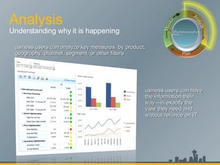 Analysis Understanding why it is happening Business users can have the information their way—in exactly the view they need and without reliance on IT Business users can analyze key measures  by product, geography, channel, segment, or other filters 