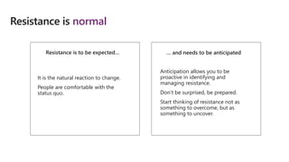 Resistance is normal
It is the natural reaction to change.
People are comfortable with the
status quo.
Resistance is to be expected…
Anticipation allows you to be
proactive in identifying and
managing resistance.
Don’t be surprised, be prepared.
Start thinking of resistance not as
something to overcome, but as
something to uncover.
Resistance is to be expected… … and needs to be anticipated
 