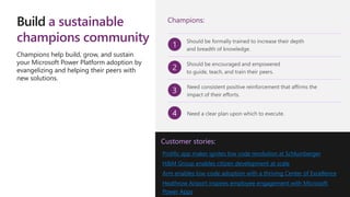 Build a sustainable
champions community
Champions help build, grow, and sustain
your Microsoft Power Platform adoption by
evangelizing and helping their peers with
new solutions.
Champions:
Customer stories:
Prolific app maker ignites low code revolution at Schlumberger
H&M Group enables citizen development at scale
Arm enables low-code adoption with a thriving Center of Excellence
Heathrow Airport inspires employee engagement with Microsoft
Power Apps
 