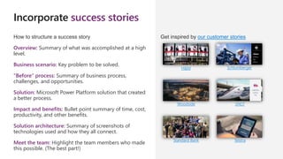 Incorporate success stories
How to structure a success story
Overview: Summary of what was accomplished at a high
level.
Business scenario: Key problem to be solved.
“Before” process: Summary of business process,
challenges, and opportunities.
Solution: Microsoft Power Platform solution that created
a better process.
Impact and benefits: Bullet point summary of time, cost,
productivity, and other benefits.
Solution architecture: Summary of screenshots of
technologies used and how they all connect.
Meet the team: Highlight the team members who made
this possible. (The best part!)
Get inspired by our customer stories
H&M Schlumberger
Woodside SNCF
Standard Bank Telstra
 