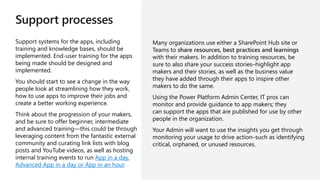 Support processes
Support systems for the apps, including
training and knowledge bases, should be
implemented. End-user training for the apps
being made should be designed and
implemented.
You should start to see a change in the way
people look at streamlining how they work,
how to use apps to improve their jobs and
create a better working experience.
Think about the progression of your makers,
and be sure to offer beginner, intermediate
and advanced training—this could be through
leveraging content from the fantastic external
community and curating link lists with blog
posts and YouTube videos, as well as hosting
internal training events to run App in a day,
Advanced App in a day or App in an hour.
Many organizations use either a SharePoint Hub site or
Teams to share resources, best practices and learnings
with their makers. In addition to training resources, be
sure to also share your success stories–highlight app
makers and their stories, as well as the business value
they have added through their apps to inspire other
makers to do the same.
Using the Power Platform Admin Center, IT pros can
monitor and provide guidance to app makers; they
can support the apps that are published for use by other
people in the organization.
Your Admin will want to use the insights you get through
monitoring your usage to drive action–such as identifying
critical, orphaned, or unused resources.
 