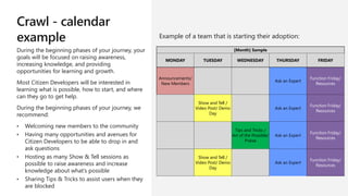 Crawl - calendar
example
During the beginning phases of your journey, your
goals will be focused on raising awareness,
increasing knowledge, and providing
opportunities for learning and growth.
Most Citizen Developers will be interested in
learning what is possible, how to start, and where
can they go to get help.
During the beginning phases of your journey, we
recommend:
• Welcoming new members to the community
• Having many opportunities and avenues for
Citizen Developers to be able to drop in and
ask questions
• Hosting as many Show & Tell sessions as
possible to raise awareness and increase
knowledge about what’s possible
• Sharing Tips & Tricks to assist users when they
are blocked
Example of a team that is starting their adoption:
[Month] Sample
MONDAY TUESDAY WEDNESDAY THURSDAY FRIDAY
Announcements/
New Members
Ask an Expert
Function Friday/
Resources
Show and Tell /
Video Post/ Demo
Day
Ask an Expert
Function Friday/
Resources
Tips and Tricks /
Art of the Possible/
Praise
Ask an Expert
Function Friday/
Resources
Show and Tell /
Video Post/ Demo
Day
Ask an Expert
Function Friday/
Resources
 