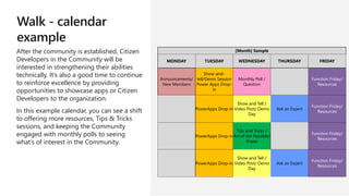 Walk - calendar
example
After the community is established, Citizen
Developers in the Community will be
interested in strengthening their abilities
technically. It’s also a good time to continue
to reinforce excellence by providing
opportunities to showcase apps or Citizen
Developers to the organization.
In this example calendar, you can see a shift
to offering more resources, Tips & Tricks
sessions, and keeping the Community
engaged with monthly polls to seeing
what’s of interest in the Community.
[Month] Sample
MONDAY TUESDAY WEDNESDAY THURSDAY FRIDAY
Announcements/
New Members
Show-and-
tell/Demo Session
Power Apps Drop-
in
Monthly Poll /
Question
Function Friday/
Resources
PowerApps Drop-in
Show and Tell /
Video Post/ Demo
Day
Ask an Expert
Function Friday/
Resources
PowerApps Drop-in
Tips and Tricks /
Art of the Possible/
Praise
Function Friday/
Resources
PowerApps Drop-in
Show and Tell /
Video Post/ Demo
Day
Ask an Expert
Function Friday/
Resources
 