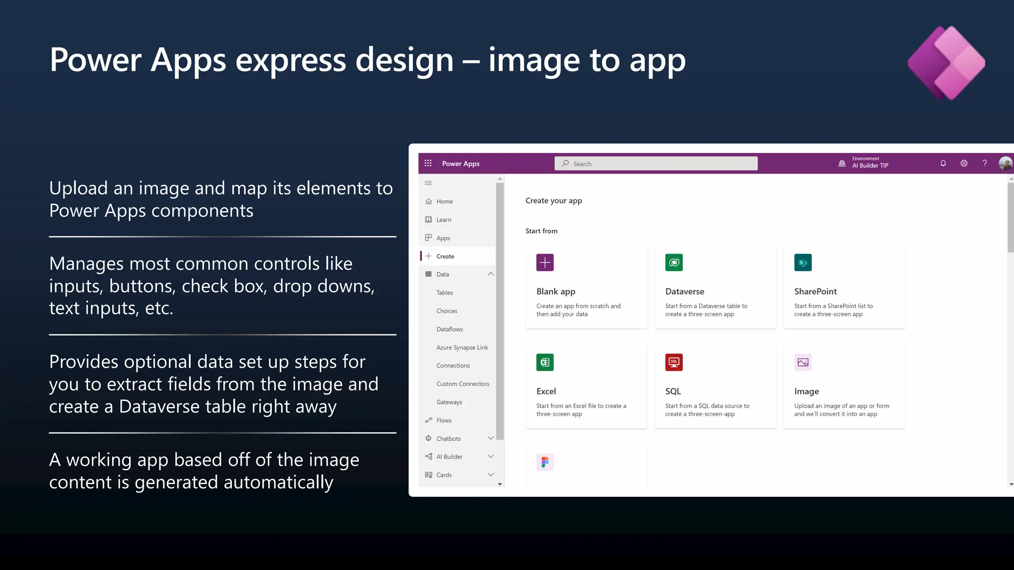 Power Apps express design – image to app
Upload an image and map its elements to
Power Apps components
Manages most common controls like
inputs, buttons, check box, drop downs,
text inputs, etc.
Provides optional data set up steps for
you to extract fields from the image and
create a Dataverse table right away
A working app based off of the image
content is generated automatically
 