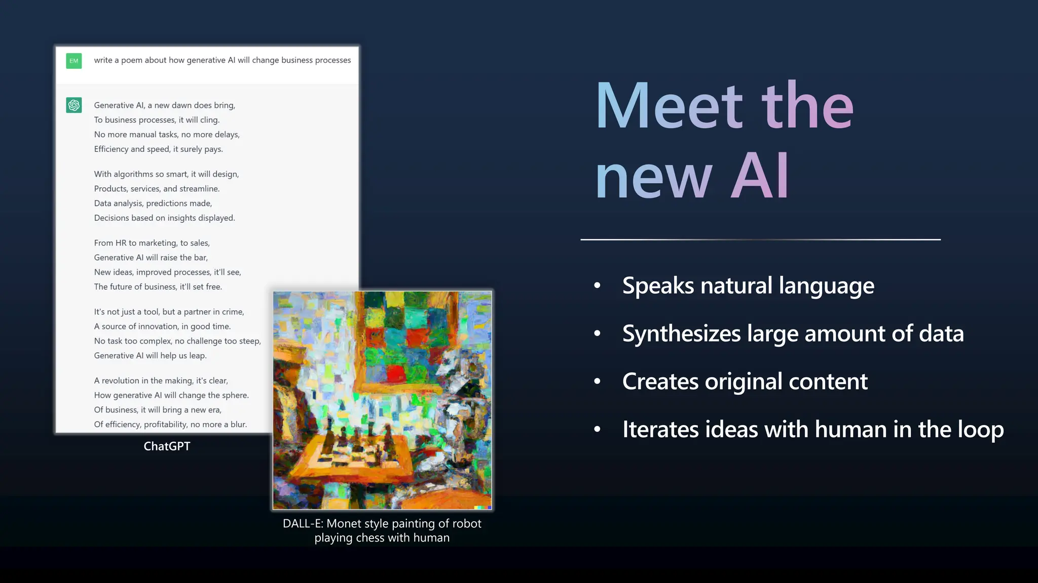 Meet the
new AI
Speaks natural language
Synthesizes large amount of data
Creates original content
Iterates ideas with human in the loop
DALL-E: Monet style painting of robot
playing chess with human
ChatGPT
 