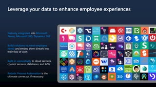 Leverage your data to enhance employee experiences
Natively integrated into Microsoft
Teams, Microsoft 365, Dynamics 365
Build solutions to meet employee
needs and embed them directly into
their flow of work
Built-in connectivity to cloud services,
content services, databases, and APIs
Robotic Process Automation is the
ultimate connector, if necessary
 