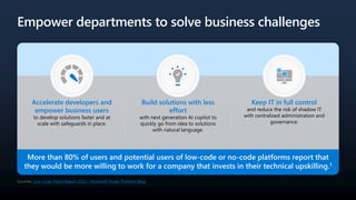 Empower departments to solve business challenges
Accelerate developers and
empower business users
to develop solutions faster and at
scale with safeguards in place.
Build solutions with less
effort
with next generation AI copilot to
quickly go from idea to solutions
with natural language.
Keep IT in full control
and reduce the risk of shadow IT
with centralized administration and
governance.
Sources: Low-Code Trend Report 2022 - Microsoft Power Platform Blog
More than 80% of users and potential users of low-code or no-code platforms report that
they would be more willing to work for a company that invests in their technical upskilling.1
 