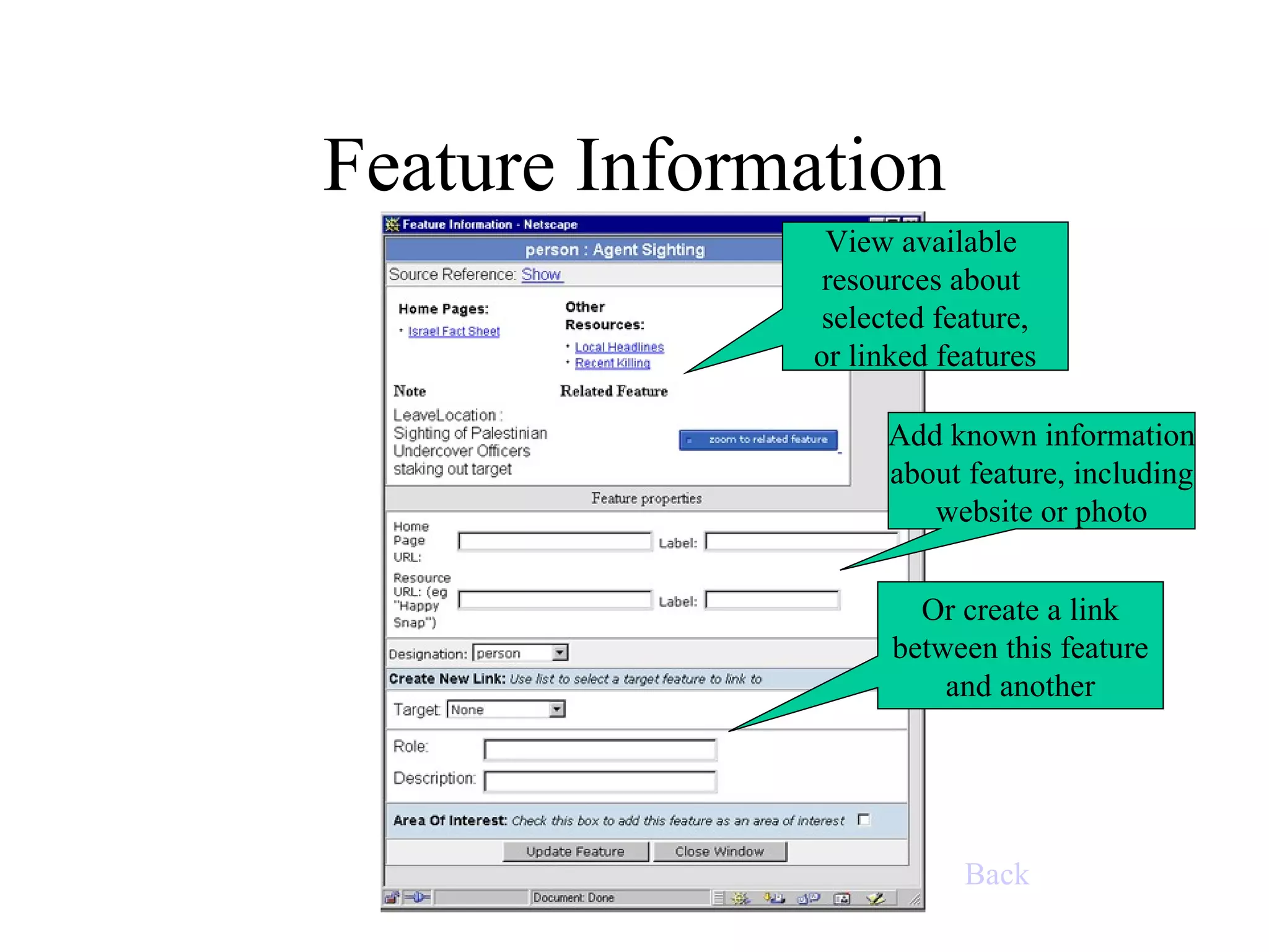 Feature Information Add known information about feature, including website or photo Or create a link between this feature and another View available  resources about  selected feature, or linked features Back 