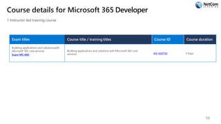 Course details for Microsoft 365 Developer
1 Instructor-led training course
Exam titles Course title / training titles Course ID Course duration
Building applications and solutionswith
Microsoft 365 core services
Exam MS-600
Building applications and solutions with Microsoft 365 core
services MS-600T00 5 Days
56
 