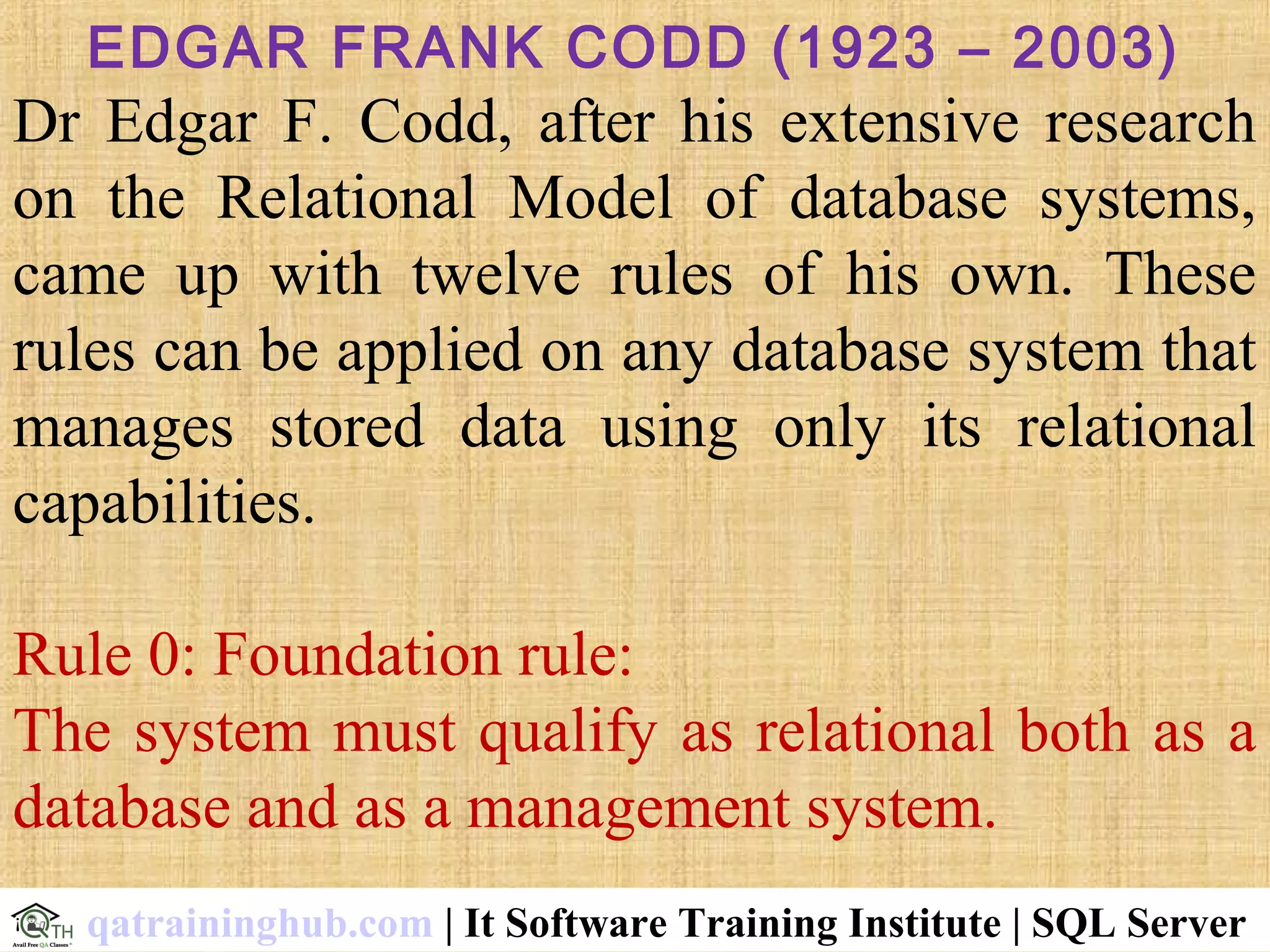 EDGAR FRANK CODD (1923 – 2003)
Dr  Edgar  F.  Codd,  after  his  extensive  research 
on  the  Relational  Model  of  database  systems, 
came  up  with  twelve  rules  of  his  own.  These 
rules can be applied on any database system that 
manages  stored  data  using  only  its  relational 
capabilities.
Rule 0: Foundation rule: 
The system must qualify as relational both as a 
database and as a management system.
qatraininghub.com | It Software Training Institute | SQL Server
 